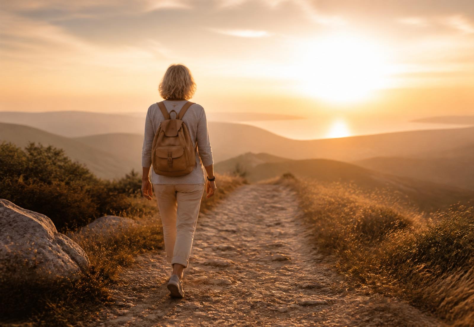 Mulher 50+ caminhando em direção ao horizonte aberto